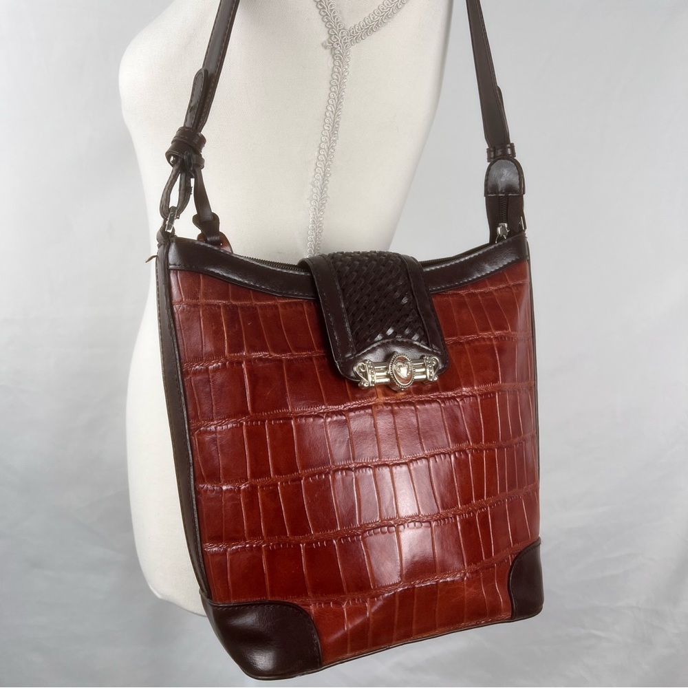 M.C. Marc Chatel Leather Mecha Crocodile Embossed Shoulder Handbag Bag Purse